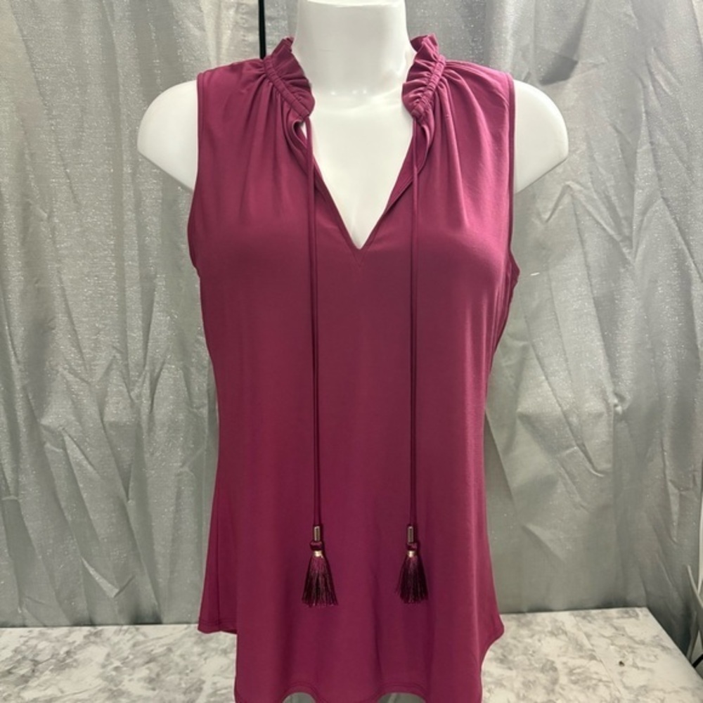 White House Black Market Maroon Tie Front Ruffled Blouse